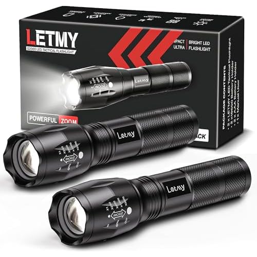 LETMY Tactical Flashlight S2000-2 Pack Bright Military Grade LED Flashlights High Lumens – Portable Handheld Flash Light, 5 Modes Zoomable Waterproof Flashlights for Home Emergency Camping Outdoor