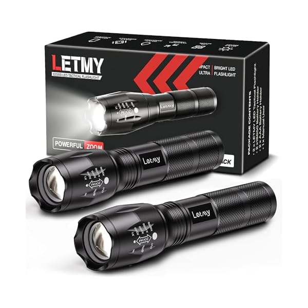 LETMY Tactical Flashlight S2000-2 Pack Bright Military Grade LED Flashlights High Lumens – Portable Handheld Flash Light, 5 Modes Zoomable Waterproof Flashlights for Home Emergency Camping Outdoor