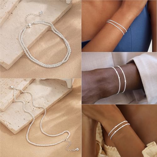 Silver Plated Bracelets for Women,Dainty Stackable Bracelets Trendy Minimalist Adjustable Layered Bracelet Set for Women Simple Small Thin Jewelry Gifts4