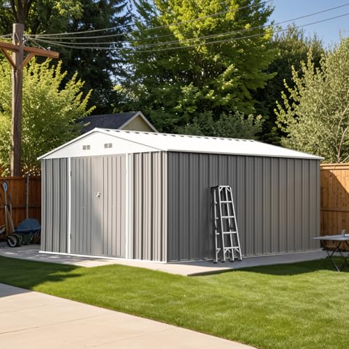 Image of Patiowell 10 x 12 FT Metal Storage Shed for Outdoor, Steel Yard Shed with Design of Lockable Doors, Utility and Tool Storage for Garden, Backyard, Patio, Outside use, Gray