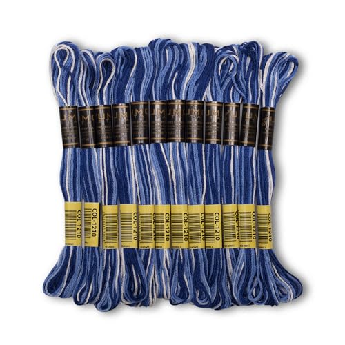 Image of Pack of 12 Premium Embroidery Thread | 100% Egyptian Cotton Premium Skeins | Cross Stitch Embroidery Floss | Oeko TEX Certified | Ideal for Arts & Crafts (Blue Variegated 1210)