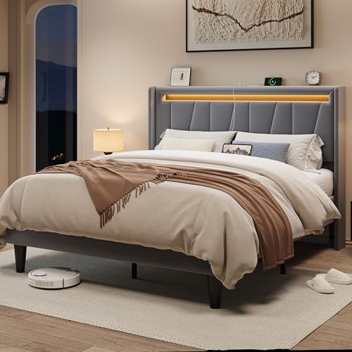 Image of Allewie Queen Size LED Bed Frame with Charging Station, Velvet Upholstered Platform Bed with Geometric Wingback Headboard, Modern Frame with No Box Spring Needed, Easy Assembly, Grey