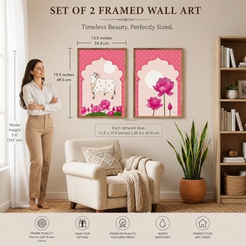 Image of Livin'luxe Set of 2 Pink Kamdhenu Cow Lotus Wall Paintings for Living Room Bedroom Home Decor with Premium Wooden Color Synthetic Frame (13.5 x 19.5 Inch) NM02-58