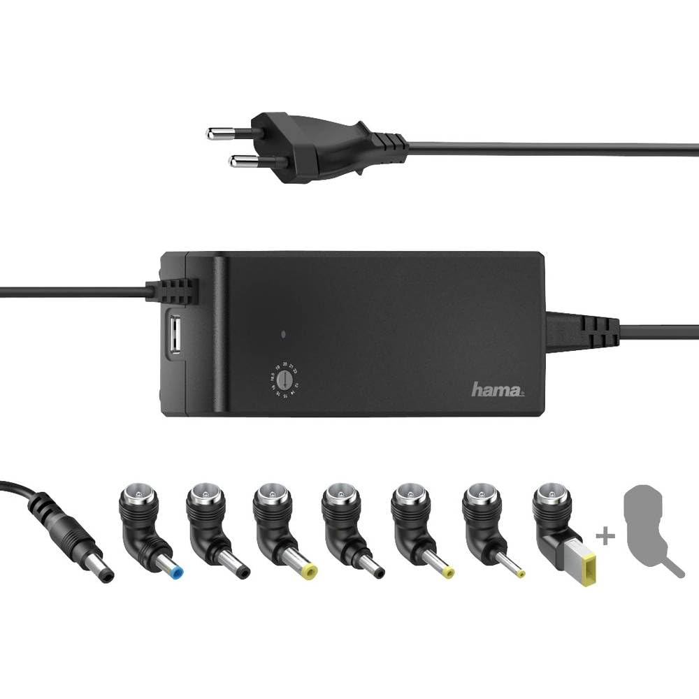 Hama Notebook Netzteil 12 V, 14 V, 15 V, 16 V, 18 V, 18.5 V, 19 V, 19.5 V, 20 V, 21 V, 22 V, 90W (Universalnetzteil für Laptop und Tablet, 8 Stecker für gängige Modelle, zusätzlicher USB Port, 4A)
