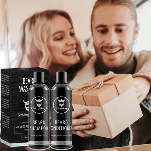 Beard Shampoo And Beard Conditioner For Men, All-Natural Beard Wash Set Cleanse Softens & Conditions With Organic Argan And Jojoba Beard Oils, Sulfate & Paraben Free By Striking Viking #TOP3