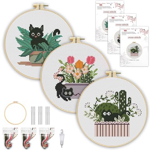 3 Pack Cross Stitch Kits for Beginners Cute Cat Stamped Cross Stitch Kits for Adults with Embroidery Hoop Plant Embroidery Kit 11CT Easy Partial Cross-Stitch Arts and DIY Crafts for Adults Home Decor