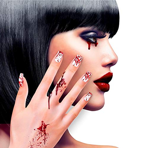 NET TOYS Künstliche Halloween Fingernägel mit Blutspritzern - Weiß-Rot - Unheimliches Damen-Accessoire blutige Nägel zum Aufkleben - Genau richtig für Horror-Party & Gruselparty