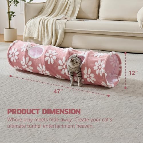 Image of Straight Cat Tunnel for Indoor Cats 47 inchx12 inch, Cute Cat Toys Collapsible Tunnel Tube with Balls for Puppy Kitten Rabbit, Pink Flower