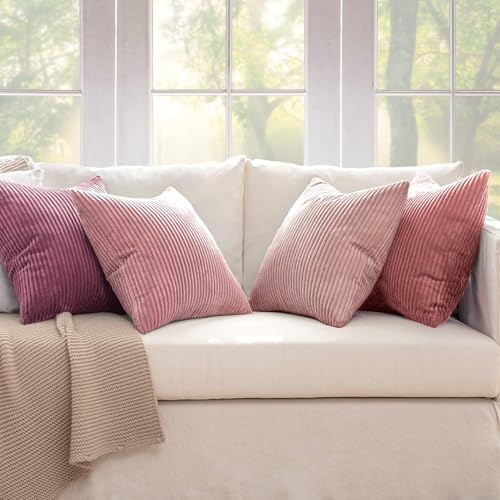 Image of MIULEE Pack of 4 Purple Pink Valentines Corduroy Decorative Throw Pillow Covers 18x18 Inch Soft Boho Striped Pillow Covers Modern Farmhouse Spring Home Decor for Sofa Living Room Couch Bed