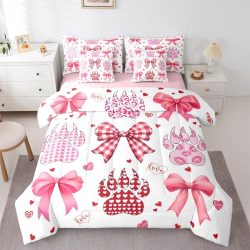 Image of Pink Bow Bedding Sets 7 Pcs Queen Watercolor Grid Bowknot Girly Comforter Set Pink Red Heart Kiss Leopard Paw Print All Season Comforter Flat Sheet Fitted Sheet 2 Pillowcases 2 Throw Pillow Covers