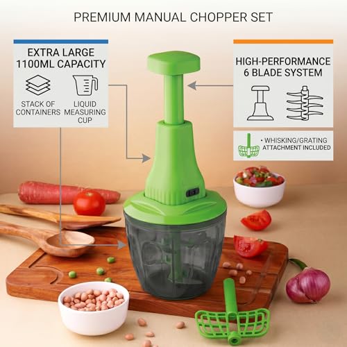 Image of Manual Push Chopper 1100ml for Kitchen Use, 5 Blade Vegetable & Fruit Cutter with Whisker, Multipurpose Food Chopper for Onion, Garlic, Ginger, Tomato, Salad & More (Multicolor) (1, 1100 ML)
