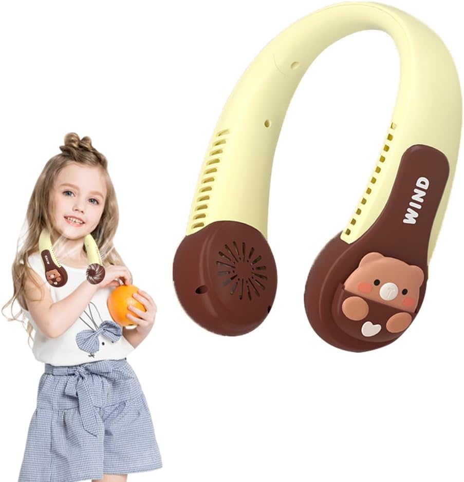 GINGER TECH Portable Neck Fan for Kids, 1800mAh Cartoon Bladeless Neck Fan for Girls, 3 Speed Adjustable, USB Rechargeable Wearable Neck Cooler for Kids Girls Students Outdoor Indoor (Brown)