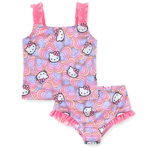 Hello Kitty Sanrio Girls UPF 50+ Bathing Suit Tankini and Bikini Bottom Swimsuit Set for Big Kids Pink