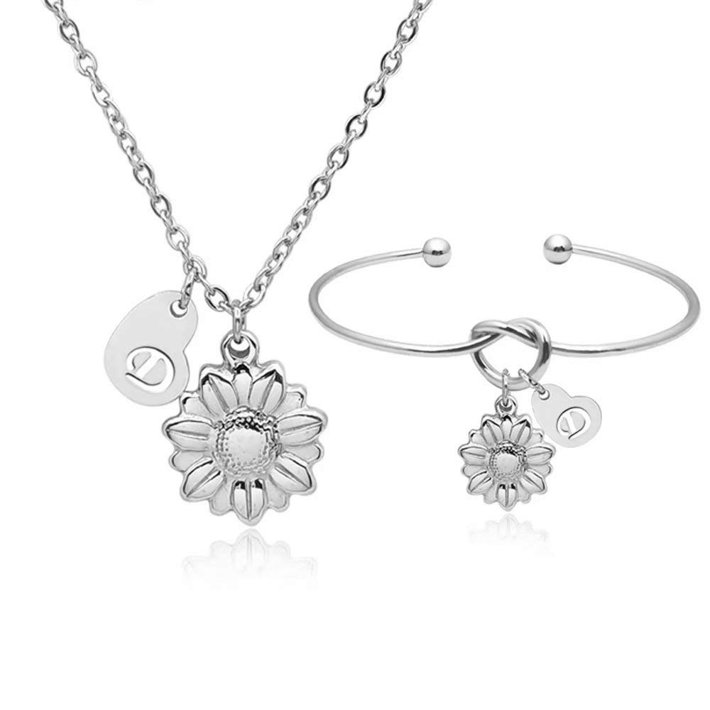 YOUCANDOIT2 Thanksgiving Gift Sunflower Garden Flowers Y Necklace Knotted Bangle Charm Bracelet Sets Gardener Jewelry Stainless Steel Heart Shaped Initial Letters A-Z