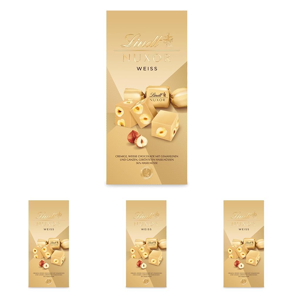Lindt Schokolade | NUXOR Beutel Weiß | 103g | Cremige Weiße-Schokolade mit ganzen und gerösteten Haselnüssen | Schokoladen-Geschenk (Packung mit 4)