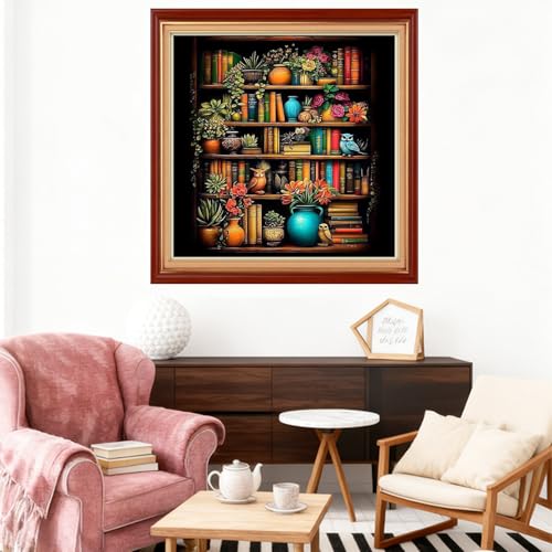 Image of Joyhoor Stamped Cross Stitch Kits for Beginners Needlepoint Kits for Adults Embroidery Kits 11CT Counted Cross Stitch Kits Printed Embroidery Pattern-Bookshelf Flowers 18x18 inch