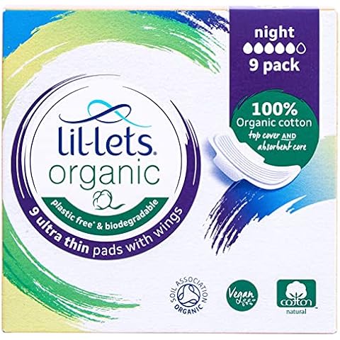 Lil-Lets Organic Night Pads | 9 Pads with Wings | Medium to Heavy Flow Cover