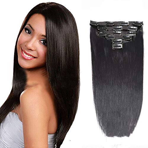 HEBE 16" Clip in Hair Extensions Real Human Hair Double Weft Thick to Ends Black(#1B) 6pieces 70grams/2.45oz