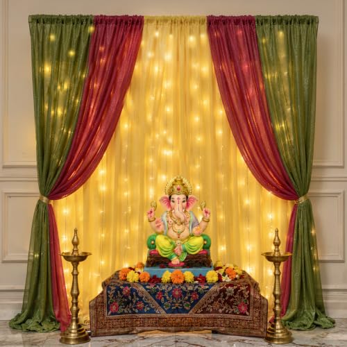 Image of SpecialYou Ganpati Decoration Setup for Home with Yellow, Green & Red (7 * 3.5ft) Backdrop Cloth for Decorations Pooja, Varalakshmi Pooja Decoration Items, Mandir Decorations Items for Home- 11Pcs