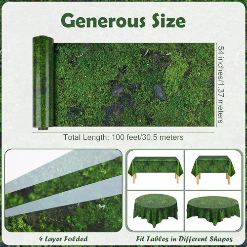 Image of Kochorie 100 Ft x 54 Inch Green Moss Tablecloth Roll with Slide Cutter Box Disposable Green Grass Plastic Tablecovers Cut to Size Tablecloth Jumbo Jungle Backdrop for Birthday Picnic Baby Shower
