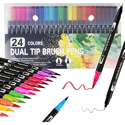 Dual Tip Brush Pens, 24 Colors Felt Tip Pens Colouring Pens Fineliner Pens Marker Pens for Kids and Adults Colouring, Journaling, Painting Cover