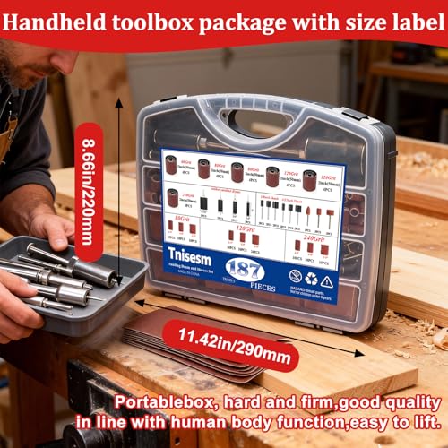 Image of Tnisesm 187 PCS Sanding Drum and Sleeves Kit - Includes 2inch Spindle Sander Sleeves (60 /80 /120 /240 Grit), 4 Rubber Sanding Drums, 1 /4-Inch Shank,Versatile Sander Accessory with Box
