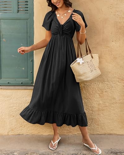 Image of BTFBM Womens Summer Dresses 2026 Casual Short Sleeve V Neck Drawstring Wedding Guest Maxi Dresses Boho Beach Long Dress