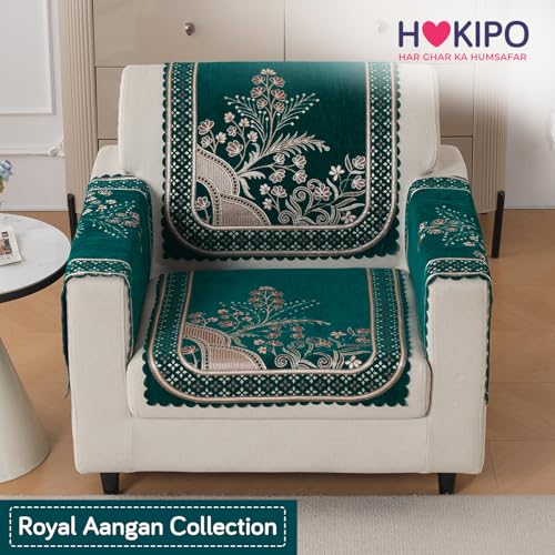 Image of HOKIPO Mehfil Teal Premium Chenille Jacquard Sofa Cover for 1 Seater for Seat & Back, 'Royal Aangan Series' (IN-1006-L7*2)
