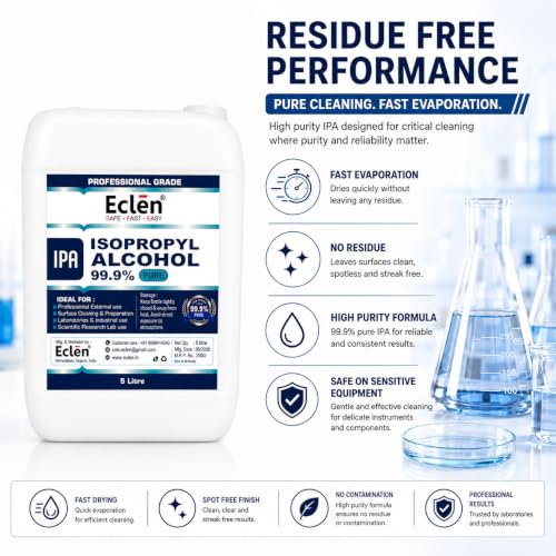 Image of ECLEN Isopropyl Alcohol 99.9% IPA | High Purity Isopropyl Rubbing Alcohol for Electronics Cleaning, Laboratory, Industrial, Surface Preparation & Technical Use (5000ml)