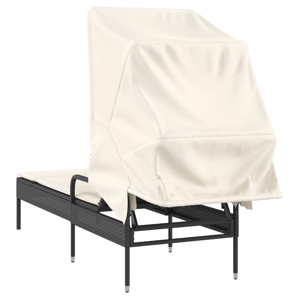 Lettino prendisole con tettuccio parasole estensibile, nero, in rattan sintetico, schienale regolabile in 4 posizioni, cuscino imbottito spesso con rivestimento rimovibile e lavabile