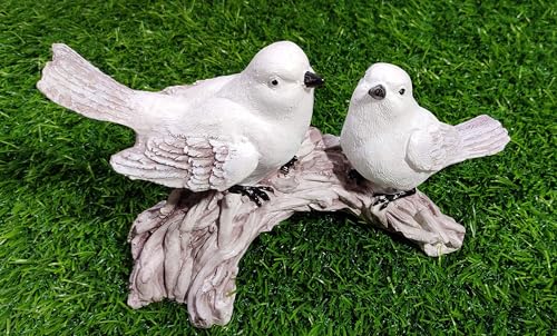 Decorative White Bird Figurines on Driftwood, Garden Statue Set of 2, Indoor Outdoor