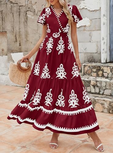 Image of PRETTYGARDEN Womens 2026 Summer Casual V Neck Boho Maxi Dress Flowy Aline Bell Sleeve Tiered Floral Dresses with Pocket