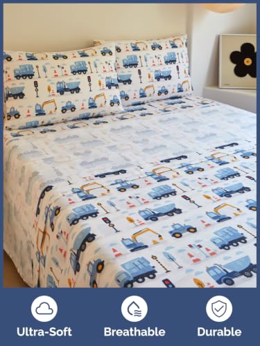 Image of Kids Full Size Truck Bed Sheets - 4 Piece Kids Truck Sheet Set - Builder Vehicle Bedding - Ultra-Soft, Cute & Cozy - Breathable & Machine Washable - Digger Bed Set for Boys, Girls, Teens & Toddlers