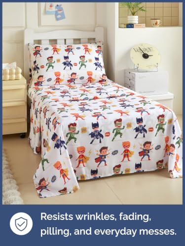 Image of Kids Twin Size Superhero Bed Sheets - 3 Piece Kids Superhero Sheet Set - Comic Power Bedding - Ultra-Soft, Cute & Cozy - Breathable & Machine Washable - Brave Bed Set for Boys, Girls, Teens & Toddlers