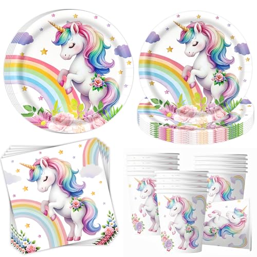 OMZSXK Einhorn Partygeschirr Set für 16 Gäste Einhorn Partyteller Geburtstag Einhorns Pappteller Servietten Becher Kindergeburtstag Party Deko