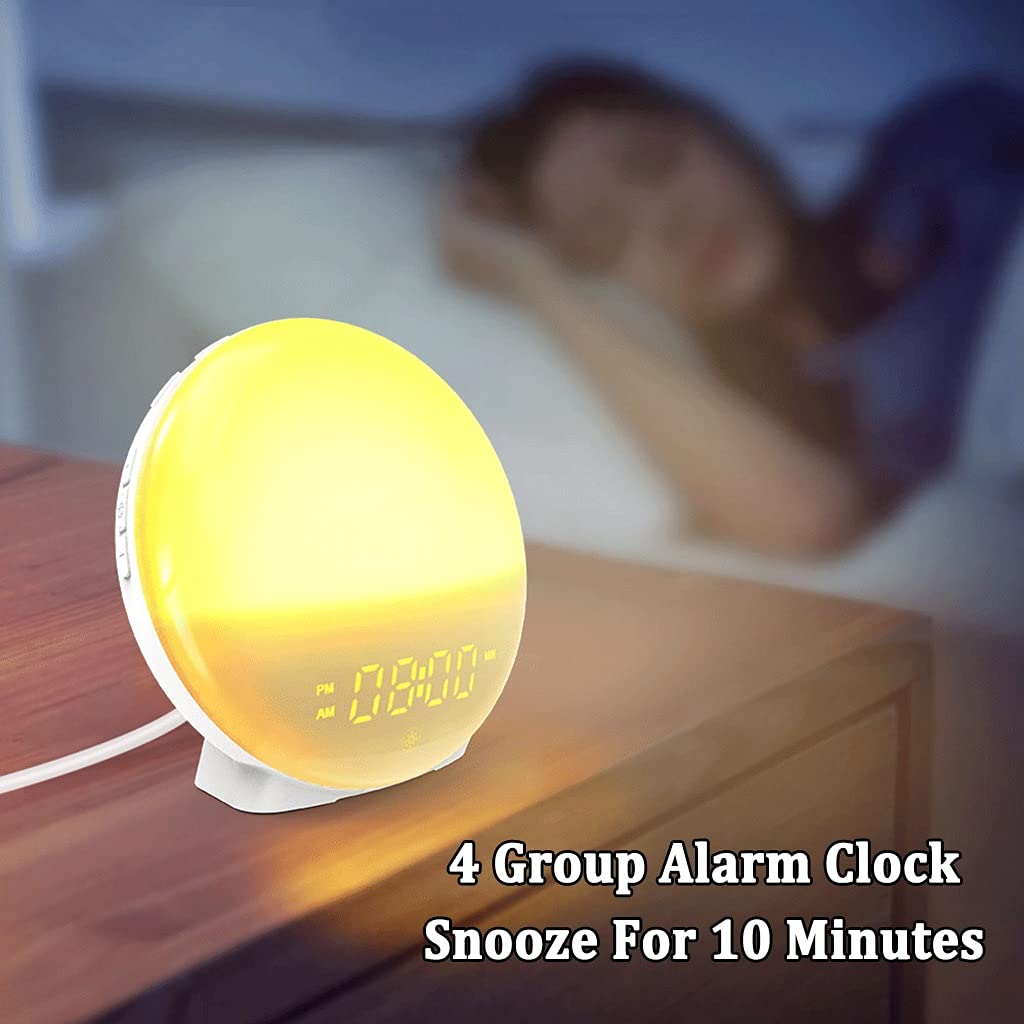 Lampada da Comodino Sunrise Simulation, Wake-Up Light Sveglia, con 6 Suoni Naturali e Funzione Snooze, Radio FM e 4 Sveglie, Sveglia Digitale per Aiuto Al Sonno