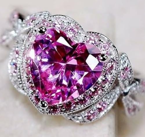 925 Sterling Silver Heart Crystal Ring for Women, Fashion Cubic Zirconia Heart Birthstone Ring, CZ Diamond Bridal Halo Engagement Wedding Pink Crystal Jewelry Gift Jewelry-Making-Patterns 104