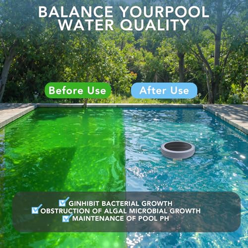 Solar Pool Ionizer - Enhanced with Latest Solar, 90% Less Chlorine, for Pools up to 45,000 Gal, Technology & Longer-Lasting Anode, Reduces Chlorine- Mineral-Based Pool Cleaning Device （Gray）