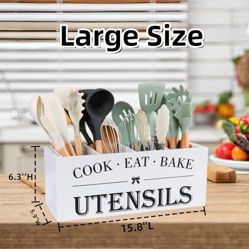 Utensil Holder,Extra Large Wooden Utensil Holder For Kitchen Counter,Cooking Spatula Organizer,Big Storage Caddy With 4 Compartments Flatware Spoon Tool Cutlery(White)