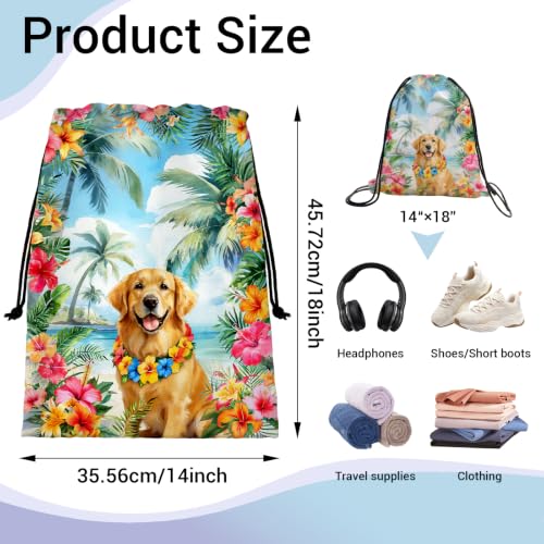 Image of Golden Retriever Drawstring Bag Palm Leaf Shoe Bags for Storage Wet Cloth