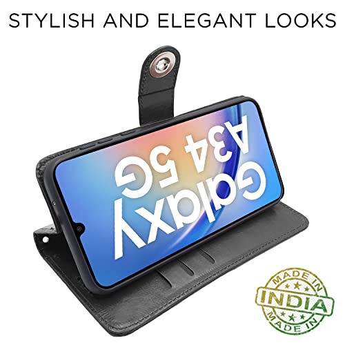 Image of Pikkme Samsung Galaxy A34 5G Flip Cover Leather Finish | Inside TPU with Card Pockets | Wallet Stand and Shock Proof | Complete Protection Button Flip Case (Black)