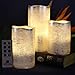 Battery Operated Flameless Candles Set of 3 Round Rustic Silver Coated Ivory Wax with Warm White Flame Flickering LED Candles, auto-Off Timer Remote Control by LED Lytes