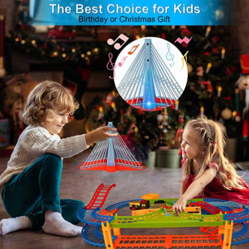 BeebeeRun Kids Car Race Track Set, Flexible Train Tracks for Toddlers with Musical Bridge and LED Electric Train Set, Car Track Toys for Boys and Girls - Thumbnail 4