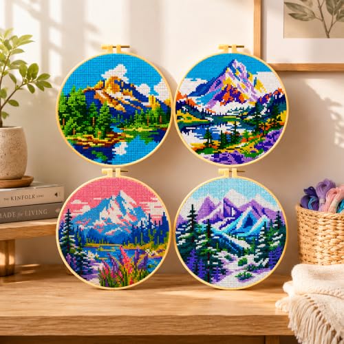 Image of Zhenqing 4 Pack Four Seasons Landscape Stamped Cross Stitch Kit, 11CT Printed Mountain Lake Scenery Patterns with Hoop and Tools, DIY Embroidery Set for Adults and Beginners