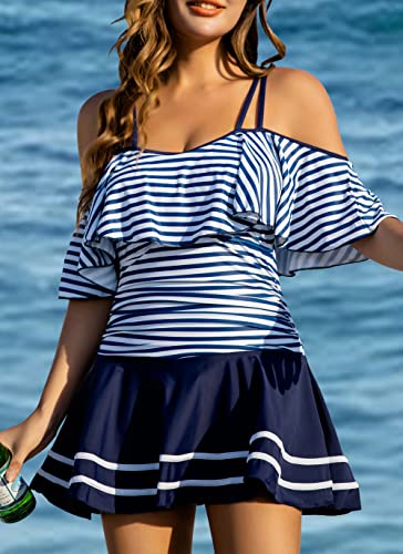 Image of COCOPEAR Women's One Piece Flounce Swimsuit Off Shoulder Bathing Suit Tummy Control Swimdress(FBA)