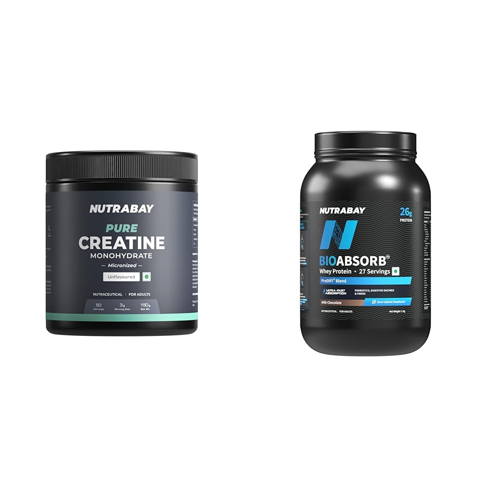 nutrabay pure micronised creatine monohydrate powder – 150g, unflavoured with bioabsorb™ whey protein powder - 1kg, milk chocolate | india's first protein with prodifi™ blend
