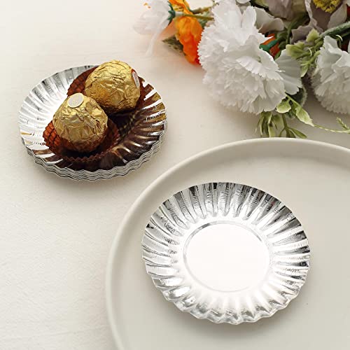 Tableclothsfactory 50 Pack | 3.5\" Metallic Silver Scalloped Rim Mini Paper Dessert Plates, Disposable Round Tapas Party Plates - 250 GSM