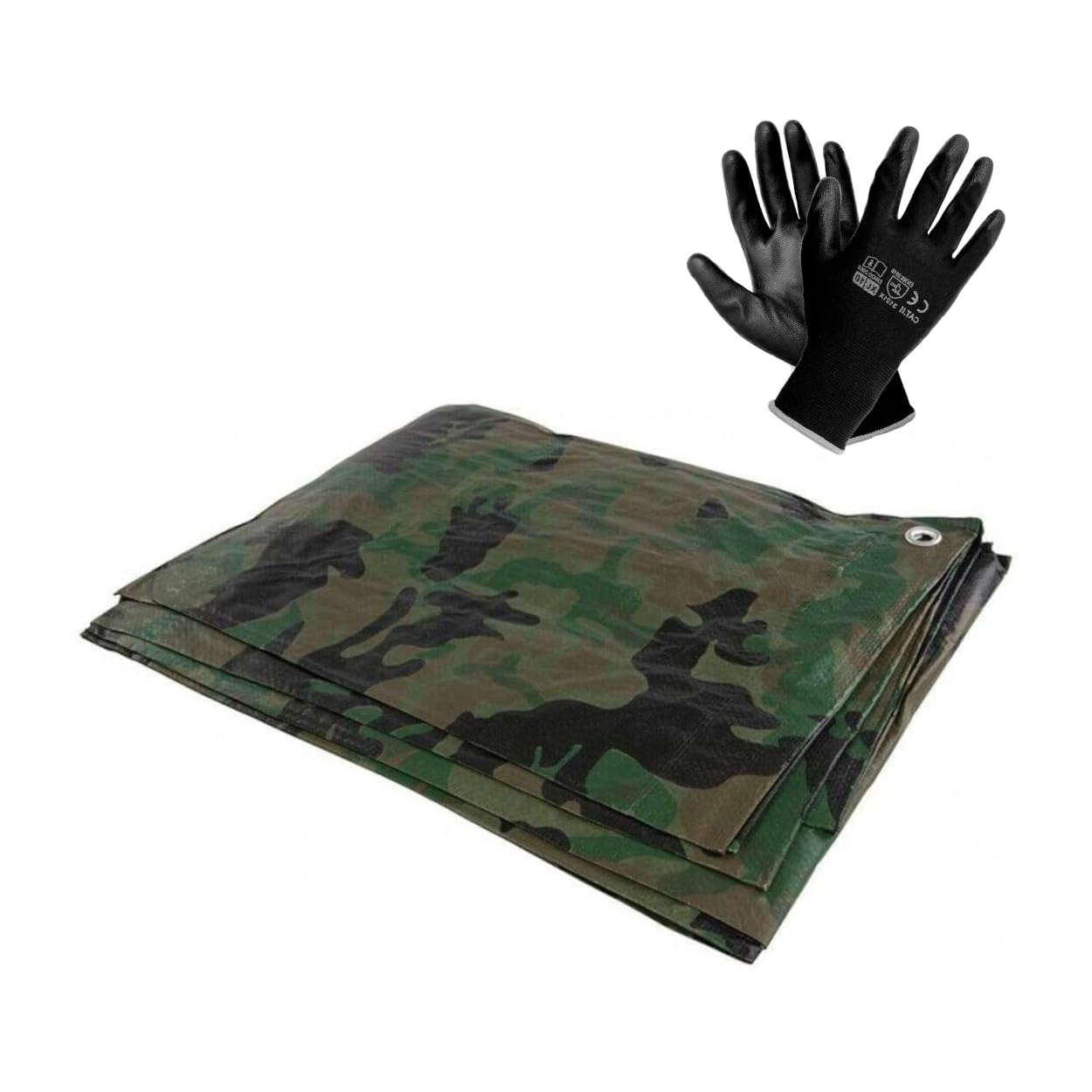 10 x 12 m Tarpaulin Cover - Camo 85GSM - Waterproof, Weatherproof, Frost-Resistant, UV Protection, Multipurpose, Universal Groundsheet and Pair of Work Gloves