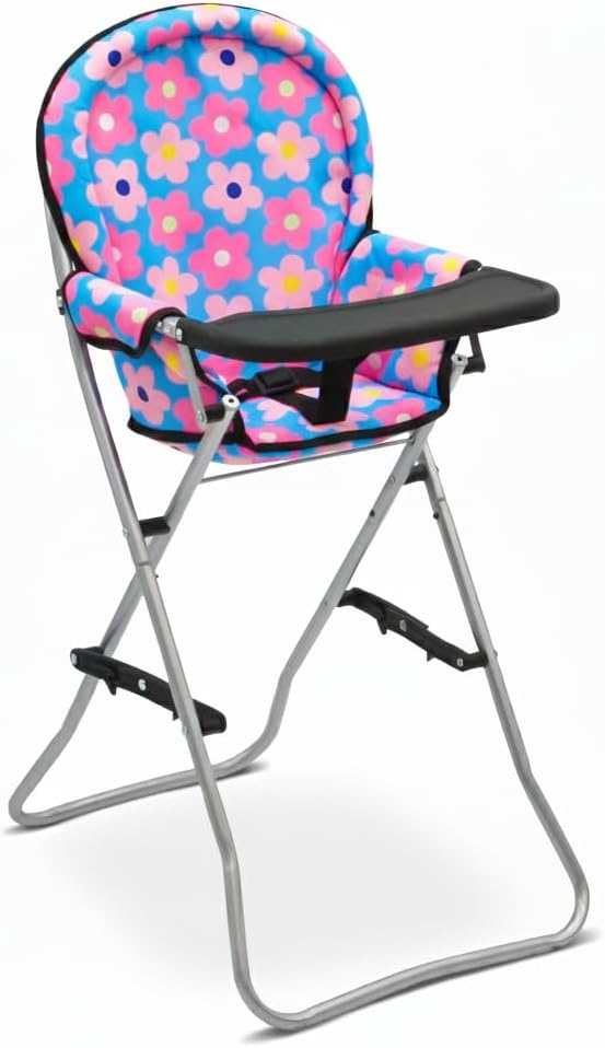 Baby Doll High Chair Foldable with Tray for Girl Pretend Play Toy Feeding Seat for Toddlers Children Compact Toy Furniture Blue