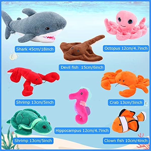 45 cm pluche, witte haai met 7 stuks zacht gevulde zeedieren, bevat manantaraken, zeepaardje, krabben, clownvissen, schildpadden, inktvissen en lobster, cadeau voor vriend en kinderen